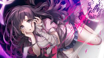 1girl :o amatsuji apron bandaged_arm bandaged_hand bandages bandaid bandaid_on_knee bandaid_on_leg black_hair blood blue_skirt commentary danganronpa_(series) danganronpa_2:_goodbye_despair floating_hair gradient_background hair_spread_out highres long_hair miniskirt pink_blood pink_eyes pleated_skirt puffy_short_sleeves puffy_sleeves shiny_skin shoes short_sleeves skirt socks solo teeth tsumiki_mikan upper_teeth_only very_long_hair white_apron