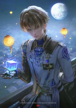 1boy architecture arm_behind_back artist_name blue_eyes blue_shirt brown_hair coat commentary commission cowboy_shot cube earrings east_asian_architecture english_commentary english_text full_moon hand_up highres id_card jewelry jvn lantern light_smile looking_at_viewer male_focus mechanical_arms mechanical_hands moon night outdoors pants paper_lantern railing shirt short_hair single_mechanical_arm single_mechanical_hand solo standing stud_earrings white_coat white_pants wuthering_waves xiangli_yao_(wuthering_waves)