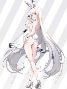 1girl :q absurdres animal_ears ass bare_arms bare_shoulders blanc_(nikke) blunt_bangs breasts cellphone closed_mouth collar crossed_legs detached_collar diagonal-striped_background fake_animal_ears fake_tail fishnet_pantyhose fishnets floating_hair from_behind full_body goddess_of_victory:_nikke grey_background grey_hair grey_shoes gun hair_intakes hand_up high_heels highleg highleg_leotard highres holding holding_phone leotard long_hair mechanical_ears medium_breasts pantyhose phone playboy_bunny pom_pom_(clothes) rabbit_ears rabbit_tail shoes sideboob simple_background smartphone soanote standing straight_hair strap strapless strapless_leotard striped_background tail tongue tongue_out twisted_torso very_long_hair weapon white_background white_collar white_hair white_leotard white_wrist_cuffs wrist_cuffs yellow_eyes