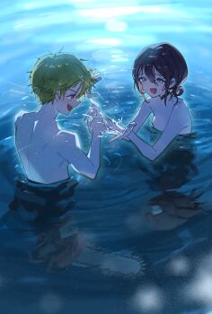 1boy 1girl black_hair blonde_hair bomb_devil_(chainsaw_man) breasts chainsaw chainsaw_man denji_(chainsaw_man) different_reflection grey_eyes hair_between_eyes hair_bun hanana_(ymbk_sb) highres nude open_mouth partially_submerged pool red_eyes reflection reflective_liquid reze_(chainsaw_man) short_hair small_breasts splashing water　male_focus