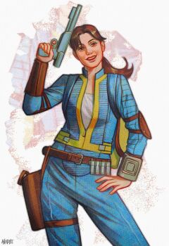 1girl absurdres anxident artist_name blue_jumpsuit fallout fallout_(prime_video) gun highres holding holding_gun holding_weapon jumpsuit jumpsuit_around_waist lucy_maclean signature smile solo vault_suit weapon