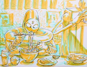 Rule 34 | 2boys, android, armor, drinking, eating, food, holding, holding food, kinnikuman, looking at another, lotte 28, multiple boys, no humans, noodles, ramen, sitting, spring (object), springman (kinnikuman), stecase king, twitter username, upper body