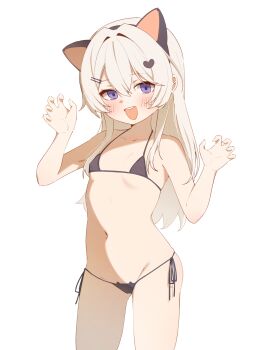 1girl absurdres animal_ear_headwear animal_ears bare_shoulders bikini black_bikini blush breasts cat_ear_bikini cat_ear_panties cat_ears claw_pose cowboy_shot fake_animal_ears flat_chest hair_between_eyes hair_ornament hairclip heart heart_hair_ornament highres long_hair micro_bikini navel open_mouth original panties purple_eyes rachi side-tie_bikini_bottom small_breasts swimsuit teeth thighs underwear upper_teeth_only white_hair
