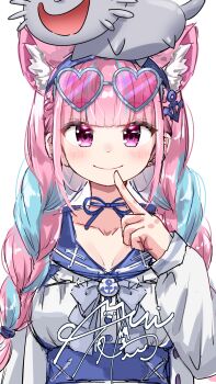 1girl absurdres animal animal_ear_fluff animal_ears animal_on_head blue_choker blue_sailor_collar blue_skirt blue_streaks braid cat cat_ears cat_girl cat_on_head choker closed_mouth commentary eyewear_on_head finger_to_mouth heart heart-shaped_eyewear highres hololive long_hair looking_at_viewer minato_aqua minato_aqua_(sailor) multicolored_hair neko_(minato_aqua) on_head pink_hair purple_eyes ribbon_choker sailor_collar shirt skirt smile solo streaked_hair sunglasses twin_braids u_da_desu virtual_youtuber white_background white_shirt