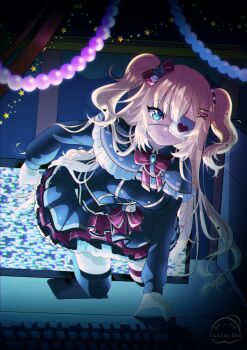 1girl akai_haato artist_name blonde_hair blue_eyes cameo crawling dark dress eyepatch gothic_lolita haaton_(akai_haato) hair_ornament heart heart_hair_ornament highres hololive computer_keyboard lolita_fashion long_hair looking_at_viewer medical_eyepatch red_dress runsachan smile solo star_(symbol) static television thigh_strap thighhighs virtual_youtuber watermark zettai_ryouiki