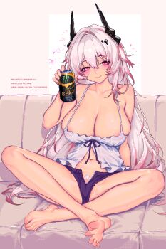 1girl absurdres arknights barefoot blush breasts camisole can couch feet highres horns large_breasts long_hair looking_at_viewer open_clothes open_shirt pink_eyes pink_hair pubic_hair smile soles theresa_(arknights) toes wmmzkl