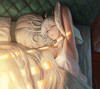 1girl absurdres ahoge arm_up armpits bare_shoulders black_horns breasts cleavage closed_eyes closed_mouth collarbone commentary english_commentary from_above grey_hair hair_between_eyes highres horns indoors large_breasts long_hair lying multicolored_hair on_back shirt sleeping solo streaked_hair twckb under_covers white_shirt wuthering_waves zani_(wuthering_waves)