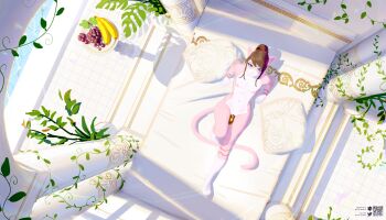 1boy animal_ears banana bed blue_eyes body_fur brown_hair cat_boy cat_ears cat_tail chastity_cage collarbone colored_skin commission completely_nude food from_above fruit furry furry_male highres knee_up male_focus nude original penis pillow pita-potato ponytail smile solo tail watermark white_skin