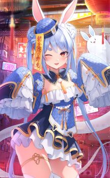 1girl ;d animal_ears blue_dress blue_hair blue_hat braid braided_bun breasts cleavage commentary_request cowboy_shot don-chan_(usada_pekora) double_bun dress frilled_dress frills ghost hair_bun hat highres hololive jewelry jiangshi_costume long_hair long_sleeves looking_at_viewer mandarin_collar multicolored_hair official_alternate_costume official_alternate_hairstyle ofuda ofuda_on_head one_eye_closed open_mouth orange_eyes qingdai_guanmao rabbit-shaped_pupils rabbit_ears rabbit_girl short_dress short_eyebrows side_up_bun sleeves_past_fingers sleeves_past_wrists small_breasts smile solo symbol-shaped_pupils thick_eyebrows thighhighs thighlet twintails two-tone_hair tyabesu usada_pekora usada_pekora_(jiangshi) very_long_hair virtual_youtuber white_hair white_thighhighs