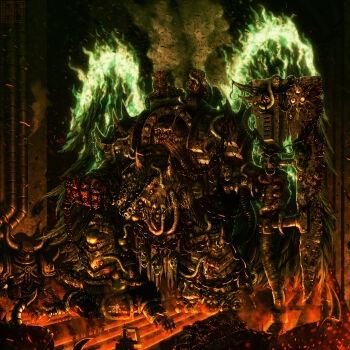 5boys adeptus_astartes after_battle armor axe bisected black_legion_(warhammer_40k) blood blood_drip blood_on_armor blood_on_ground blood_on_hands blue_eyes body_horror breastplate broken_armor bug bullet_hole centipede chain chainsword chaos_(warhammer) chaos_space_marine chaos_undivided_(symbol) colored_skin commentary corpse cracked_armor damaged dark death death_guard decapitation decay deformed english_commentary eyes_of_horus_(warhammer_40k) fake_horns fire fly greaves green_fire green_skin guro helmet highres holding holding_axe holding_detached_head hook horned_armor horned_helmet horns insect lattice male_focus monster multiple_boys nicholas_wolf no_headwear nurgle nurgle_(symbol) pauldrons pelvic_curtain plague_marine power_armor pteruges red_light rot_fly rotting rust severed_head shoes shoulder_armor shoulder_spikes single_shoe skull skull_belt skull_ornament smoke sparkle spikes spine steam swarm terminator_armor tube vambraces warhammer_40k warts weapon_on_floor wings