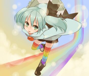Rule 34 | 1girl, aged down, bad id, bad pixiv id, blue eyes, blue hair, boots, buttons, emdo (norabbit), female focus, hatsune miku, hood, hoodie, large buttons, long sleeves, matching hair/eyes, multicolored legwear, patterned legwear, rainbow, rainbow path, rainbowder (vocaloid), solo, striped clothes, striped thighhighs, thighhighs, twintails, vocaloid