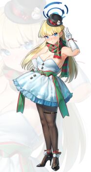 1girl absurdres bare_shoulders black_pantyhose black_shoes blonde_hair blue_archive blue_dress blue_eyes blue_hair blue_halo blush breasts cleavage dress gloves green_scarf halo hand_on_own_hip hat high_heels highres long_hair looking_at_viewer medium_breasts mini_hat mini_top_hat multicolored_hair pantyhose parted_lips red_scarf scarf shoes solo streaked_hair thigh_strap toki_(blue_archive) top_hat v walking_nakta white_gloves