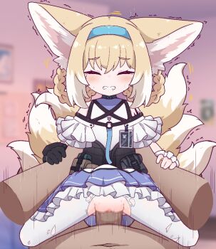 1boy 1girl age_difference animal_ear_fluff animal_ears arknights bedroom black_gloves blonde_hair blue_dress blue_hairband blush braid censored clenched_teeth closed_eyes clothed_female_nude_male cowgirl_position disembodied_hand dress fox_ears fox_girl fox_tail frilled_dress frilled_skirt frills gloves grabbing_another's_arm hair_between_eyes hairband hetero id_card indoors infection_monitor_(arknights) kitsune kurotofu large_ears loli material_growth medium_hair melting mosaic_censoring motion_lines multicolored_hair multiple_tails navel no_panties nude off-shoulder_dress off_shoulder oripathy_lesion_(arknights) pantyhose penis pouch pov pov_crotch pussy rope rottenduck sex shimenawa size_difference skirt straddling suzuran_(arknights) sweat tactical_clothes tail teeth torn_clothes torn_pantyhose trembling two-tone_hair vaginal variant_set waist_grab white_fur white_hair white_pantyhose
