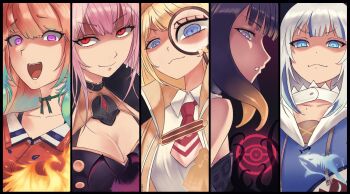>:) 5girls :d ark_ford bird blonde_hair breasts coat collared_shirt constricted_pupils death_(entity) detective dress_shirt fire gawr_gura gawr_gura_(1st_costume) gesugao glowing grim_reaper hair_between_eyes highres hololive hololive_english looking_at_viewer looking_behind magnification magnifying_glass mori_calliope mori_calliope_(1st_costume) multiple_girls necktie ninomae_ina'nis ninomae_ina'nis_(1st_costume) open_mouth orange_hair phoenix pink_hair purple_eyes purple_hair red_neckwear shaded_face shark shirt smile smirk smug sneer takanashi_kiara takanashi_kiara_(1st_costume) tentacle_hair v-shaped_eyebrows virtual_youtuber watson_amelia watson_amelia_(1st_costume) white_hair