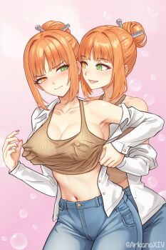 2girls armpits artist_self-insert bare_shoulders blue_pants blush breasts brown_tank_top bubble chinese_commentary cleavage closed_mouth collarbone commentary commentary_request covered_erect_nipples cowboy_shot crop_top da_akana_xiv denim english_commentary grabbing_another's_breast grabbing_from_behind gradient_background green_eyes groping hair_bun heterochromia highres holding_another's_wrist jeans large_breasts long_sleeves looking_at_another mixed-language_commentary multiple_girls navel nipple_stimulation nipple_tweak open_clothes open_shirt orange_hair original pants parted_lips pink_background pink_nails selfcest shirt smile tank_top twitter_username variant_set white_shirt yellow_eyes yuri