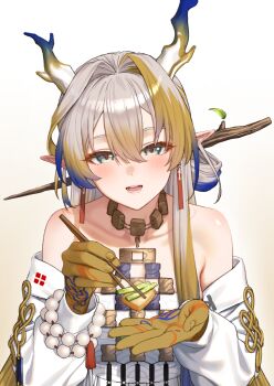 1girl arknights bare_shoulders bead_necklace beads blonde_hair blue_hair blush chopsticks collarbone dragon_girl dragon_horns earrings eastern_dragon_horns green_eyes hair_between_eyes hair_ornament hairpin highres holding holding_chopsticks horns jacket jewelry long_hair megalateo multicolored_hair necklace open_mouth pointy_ears shirt shu_(arknights) simple_background smile solo strapless strapless_shirt tassel tassel_earrings very_long_hair white_hair white_jacket white_shirt