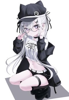 Rule 34 | 1girl, absurdres, adjusting eyewear, animal hat, belt, black-framed eyewear, black choker, black hat, black jacket, black nails, black ribbon, black shoes, black shorts, black socks, breasts, cat hat, choker, commentary request, crop top, ear piercing, earrings, fingernails, glasses, hat, heart, heart o-ring, highres, iris37337, jacket, jewelry, long fingernails, long hair, looking at viewer, multiple piercings, navel, o-ring, o-ring thigh strap, original, petite, piercing, platform shoes, ribbon, shirt, shoes, short shorts, shorts, simple background, small breasts, socks, solo, thigh strap, twintails, white background, white belt, white hair, white shirt
