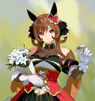 1girl animal_ears bouquet braid braided_hair_rings breasts brown_hair commentary ear_covers ear_ornament english_commentary flower gentildonna_(regina_dei_fiori)_(umamusume) gentildonna_(umamusume) hair_between_eyes hair_ornament hair_rings heart-shaped_ornament heart_ear_ornament highres holding holding_bouquet horse_ears horse_girl large_breasts looking_at_viewer red_eyes see-through_cleavage see-through_clothes simple_background smile solo thernz umamusume