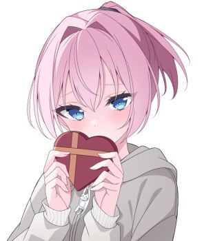 Rule 34 | 1girl, batsubyou, blue eyes, cat zipper, covering own mouth, grey jacket, hikobae, hood, hooded jacket, jacket, kantai collection, pink hair, ponytail, shiranui (autumn) (kancolle), shiranui (kancolle), short hair, simple background, solo, upper body, white background, zipper pull tab