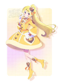 1girl bare_legs blonde_hair boots border brooch buttons center_frills collared_shirt dress envelope footwear_ribbon frills full_body fur-trimmed_dress fur-trimmed_sleeves fur_trim gradient_background grin hair_between_eyes hair_ornament hair_ribbon hand_on_own_hip happy heart heart-shaped_sleeves heart_brooch heart_button heart_hair_ornament high_collar high_heel_boots high_heels high_ponytail highres holding holding_envelope jewelry letter light_blush long_sleeves love_letter magia_record:_mahou_shoujo_madoka_magica_gaiden mahou_shoujo_madoka_magica medium_dress neck_ribbon orange_boots orange_ribbon orange_sailor_collar outside_border pink_eyes plaid_background plaid_clothes plaid_dress plaid_footwear pocket ponytail purple_background ribbon ribbon_trim sailor_collar serizawa_serizane shadow shirt shirt_under_dress smile solo standing tareme togame_momoko twitter_username unmoving_pattern waist_bag watermark white_bag white_border white_shirt yellow_background yellow_dress