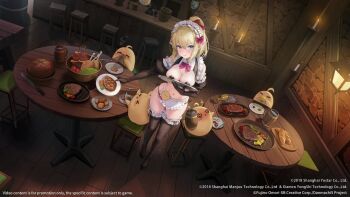 &gt;_&lt; 1girl :o @_@ animated apron azur_lane bare_shoulders bikini black_bikini black_bra black_gloves black_panties blonde_hair blue_eyes blush bra breasts cleavage copyright_name dungeon_ni_deai_wo_motomeru_no_wa_machigatteiru_darou_ka elbow_gloves embarrassed food frilled_thighhighs frills from_above full_body gloves hair_between_eyes highres hip_focus holding holding_tray indoors legs light_frown looking_at_viewer looking_up maid_headdress medium_breasts medium_hair navel official_art panties pointy_ears ponytail promotional_art ryu_lion ryu_lion_(night_at_the_pub) shrug_(clothing) side-tie_bikini_bottom side-tie_panties solo standing stomach surprised swimsuit tagme tavern teeth thighhighs thighs tray underwear upper_teeth_only video waist_apron wavy_mouth winking_(animated)