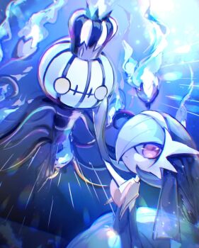 alternate_color black_gloves blue_hair chandelure ec44gp4lflmi1wz elbow_gloves fire gardevoir gen_3_pokemon gen_5_pokemon gloves highres looking_at_viewer mega_chandelure mega_gardevoir mega_pokemon nintendo orange_eyes pokemon pokemon_(creature) purple_fire shiny_pokemon veil yellow_eyes