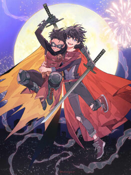 alamp519 artist_name batman_(series) black_hair cape child damian_wayne dc_comics domino_mask eye_mask fireworks flying full_moon highres jonathan_kent katana mask moon purple_eyes robin_(dc) smile super_sons superboy superman_(series) sword weapon