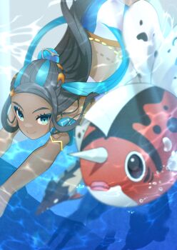 1girl absurdres air_bubble barraskewda black_hair blue_eyes blue_hair bubble closed_mouth commentary_request dark-skinned_female dark_skin eyelashes fish gen_1_pokemon gen_8_pokemon highres horns long_hair multicolored_hair nessa_(pokemon) nintendo pokemon pokemon_(creature) pokemon_swsh seaking single_horn smile swimming takahashi_(brokenrobo) two-tone_hair underwater