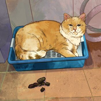 absurdres animal animal_focus cat catwheezie commentary english_commentary highres litter_box no_humans original poop tile_floor tiles