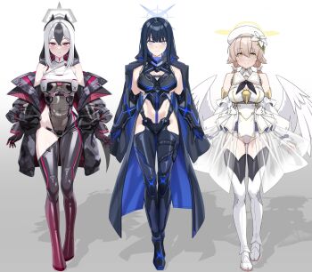 3girls asymmetrical_bangs black_gloves black_hair black_horns blue_archive blue_eyes blue_hair blue_halo blush bodysuit breasts brown_hair closed_mouth colored_inner_hair commentary_request demon_horns demon_wings elbow_gloves gloves grey_bodysuit grey_halo hair_between_eyes halo hifumi_(blue_archive) highres horns impossible_bodysuit impossible_clothes kayoko_(blue_archive) large_breasts latex latex_bodysuit long_hair looking_at_viewer low_twintails multicolored_bodysuit multicolored_hair multiple_girls red_eyes saori_(blue_archive) simple_background single_wing skin_tight solo strelka_belca twintails two-tone_hair white_hair wings yellow_eyes