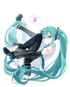 Rule 34 | 1girl, absurdly long hair, absurdres, aqua eyes, aqua hair, aqua nails, aqua necktie, black boots, black skirt, black sleeves, blush, boots, chungjum2, closed mouth, collared shirt, commentary, detached sleeves, floating, full body, hair ornament, hatsune miku, highres, long hair, long sleeves, looking at viewer, microsoft windows, miniskirt, nail polish, necktie, number tattoo, pleated skirt, pout, recycle bin, shirt, shoulder tattoo, simple background, skirt, sleeveless, sleeveless shirt, solo, speech bubble, spoken object, symbol-only commentary, tattoo, thigh boots, twintails, very long hair, vocaloid, white background, white shirt