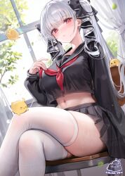 Rule 34 | 1girl, absurdres, alice vu, azur lane, black sailor collar, black shirt, black skirt, closed mouth, crossed legs, curtains, formidable (azur lane), formidable (the lover&#039;s heart flutters on duty) (azur lane), grey hair, highres, indoors, long hair, long sleeves, looking at viewer, manjuu (azur lane), midriff, neckerchief, red eyes, red neckerchief, sailor collar, school uniform, shirt, signature, sitting, skirt, solo, sweat, swimsuit, thighhighs, twintails, white thighhighs, window