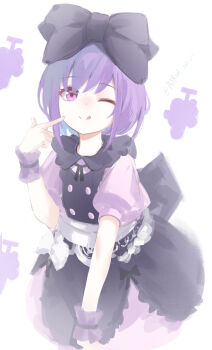 Rule 34 | 1girl, :p, absurdres, airool, bang dream!, bang dream! it&#039;s mygo!!!!!, black bow, black dress, black ribbon, bloom, bow, buttons, chinese commentary, commentary request, cowboy shot, dated, dress, dress bow, finger to cheek, food, frilled dress, frilled wrist cuffs, frills, fruit, fruit background, grapes, hair bow, hand up, highres, index finger raised, large bow, leaning forward, looking at viewer, one eye closed, puffy short sleeves, puffy sleeves, purple dress, purple eyes, purple hair, purple wrist cuffs, ribbon, sash, short hair, short sleeves, smile, solo, tongue, tongue out, two-tone dress, weibo username, white background, white bow, white sash, wrist cuffs, yuutenji nyamu