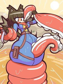 1girl animal_ears belt between_thighs blue_bodysuit bodysuit breasts fallout fallout_76 female_focus gensin highres holding holding_weapon knife large_breasts monster_girl open_mouth shiny_skin solo sun surprised sweat tail tentacles thick_thighs thighs wasteland weapon wet wide_hips wolf_ears wolf_girl wolf_tail