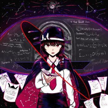 Rule 34 | 1girl, ?, abstract background, alternate costume, alternate hairstyle, artist name, black cloak, black hat, black skirt, book, bow, brown hair, cloak, collar, comet, constellation, cube, dark background, english text, equation, geometry, hair between eyes, hat, hat bow, highres, holding, holding book, math, necktie, paper, red eyes, ribbon, shirt, skirt, solo, space, standing, star (sky), string, swirl, touhou, usami renko, white collar, white ribbon, white shirt, wrell