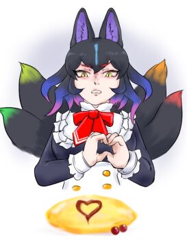 1girl alternate_costume animal_ears apron black_dress black_hair blue_hair bow bowtie clenched_teeth dress enmaided food fox_ears fox_girl fox_tail frilled_cuffs gradient_hair hair_between_eyes hashtag-only_commentary heart heart_hands high_collar highres kemono_friends kemono_friends_3 kyubikori_(kemono_friends) long_sleeves maid maid_apron multicolored_hair multiple_tails omelet omurice purple_hair red_bow red_bowtie saja_(166j357) sidelocks slit_pupils solo tail teeth upper_body white_apron yellow_eyes