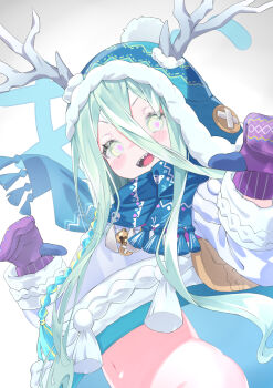 1girl absurdres antler_ornament antlers beanie blue_hat blue_scarf bottomless commentary_request earflap_beanie fate/grand_order fate_(series) hair_between_eyes hat highres horns horns_through_headwear kebol long_hair looking_at_viewer louhi_(fate) louhi_(second_ascension)_(fate) mittens pantyhose petite pom_pom_(clothes) pom_pom_beanie purple_mittens scarf sharp_teeth smile solo sweater teeth woollen_cap yellow_pantyhose