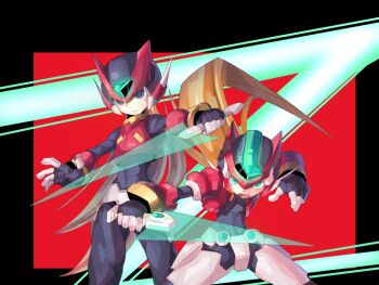 2boys armor black_eyes blonde_hair cropped_jacket energy_sword forehead_jewel green_eyes helmet highres holding holding_sword holding_weapon jacket long_hair male_focus mega_man_(series) mega_man_zero_(series) mega_man_zx model_zx_(mega_man) multiple_boys open_clothes open_jacket power_armor protected_link red_armor red_background red_helmet red_jacket red_theme sword vent_(mega_man) wagiri_pencil weapon z_saber zero(z)_(mega_man) zero_(mega_man)