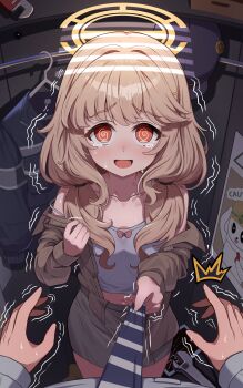 Rule 34 | 1boy, 1girl, @ @, absurdres, aoba (blue archive), blonde hair, blue archive, blush, bow, bowtie, camera, camisole, closet, clothes grab, clothes hanger, commentary request, crying, felice ykr, hair tie, halo, hat, highres, jacket, navel, necktie, necktie grab, neckwear grab, orange eyes, pencil skirt, skirt, tablet pc, trembling, undressing, wrench