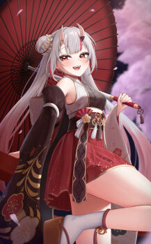 1girl :d asymmetrical_sleeves bare_shoulders black_kimono black_sleeves black_socks center-flap_bangs cherry_blossoms detached_sleeves dot_nose double_bun falling_petals floral_print furisode_sleeves grey_hair hair_between_eyes hair_between_horns hair_bun hakama hakama_short_skirt hakama_skirt happy highres holding holding_umbrella hololive horns japanese_clothes kakinotane_e kimono looking_at_viewer mismatched_sleeves multicolored_hair nakiri_ayame nakiri_ayame_(8th_costume) oil-paper_umbrella oni open_mouth outdoors petals print_kimono puffy_sleeves red_eyes red_hair red_hakama red_umbrella skin-covered_horns skirt smile socks two-tone_kimono umbrella virtual_youtuber white_hair