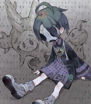 Rule 34 | 1boy, :<, allister (pokemon), black gloves, black hair, commentary request, cursola, dirty, dirty clothes, gen 7 pokemon, gen 8 pokemon, gloves, grey background, long sleeves, male focus, mask, mimikyu, nintendo, partially fingerless gloves, pokemon, pokemon swsh, sakutake (ue3sayu), shoes, shorts, single glove, suspender shorts, suspenders