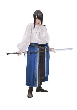1girl absurdres black_hair black_pants blue_overskirt curvy_black-haired_girl_(tnr) hair_over_one_eye highres holding holding_sword holding_weapon looking_at_viewer original overskirt pants shirt simple_background skirt smile solo sword tnr_(horiko1525) warrior weapon white_background white_shirt