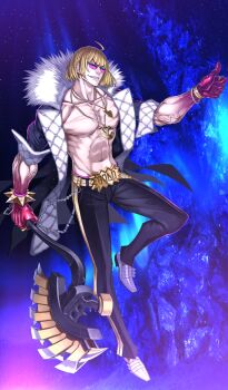 Rule 34 | 1boy, abs, belt, black coat, black pants, blonde hair, blue background, bob cut, bracelet, clenched hand, coat, colored extremities, colored skin, commentary request, covered eyes, fate/grand order, fate (series), full body, fur-trimmed coat, fur trim, game cg, gold belt, gold bracelet, gold necklace, gold ring, golden eater, grin, honjou raita, jewelry, legs apart, male focus, male underwear, male underwear peek, multiple necklaces, multiple rings, muscular, muscular male, necklace, no nipples, no shirt, official art, open clothes, open coat, orb, pants, pectorals, pink male underwear, purple-tinted eyewear, red skin, ring, sakata kintoki (fate), sakata kintoki (third ascension) (fate), sleeves pushed up, smile, solo, spiked bracelet, spikes, sunglasses, teeth, third-party source, thumbs up, tinted eyewear, underwear, veins, wallet chain
