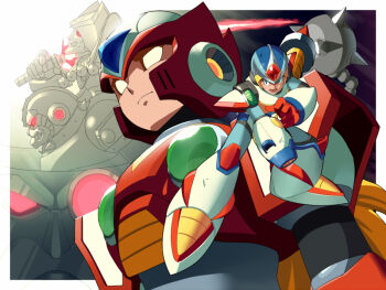 5boys agile_(mega_man) android arm_cannon armor battle_damage blonde_hair chest_jewel clenched_teeth energy_sword evil_grin evil_smile forehead_jewel full_body gloves green_eyes grin helmet holding holding_sword holding_weapon long_hair looking_at_viewer lower_teeth_only male_focus may_(nicoseiga_32709921) mega_man_(series) mega_man_x2 mega_man_x_(series) multiple_boys no_eyes old old_man open_mouth ponytail red_armor red_eyes red_gloves red_helmet robot robot_ears second_armor_x_(mega_man) serges_(mega_man) shoulder_armor simple_background smile sweat sword sword_on_back teeth upper_body very_long_hair violen_(mega_man) weapon weapon_on_back white_armor white_helmet x_(mega_man) z_saber zero_(mega_man)