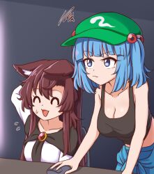 Rule 34 | 2girls, :d, ^ ^, animal ears, bare arms, bare shoulders, black tank top, blue eyes, blue hair, breasts, brooch, brown hair, cleavage, closed eyes, crop top, dress, green hat, hair bobbles, hair ornament, hat, imaizumi kagerou, jewelry, kawashiro nitori, large breasts, midriff, multiple girls, open mouth, short hair, smile, tank top, touhou, two side up, upper body, white dress, wolf ears, wool (miwol)