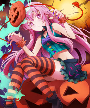 1girl adapted_costume aqua_shirt bat_(animal) black_skirt claw_pose crop_top expressionless halloween hata_no_kokoro highres jack-o&#039;-lantern kisaragi_koushi mask mask_on_head midriff miniskirt orange_thighhighs pink_eyes pink_hair plaid_clothes plaid_shirt pumpkin_mask shirt sitting skirt sleeveless sleeveless_shirt solo striped_clothes striped_thighhighs thighhighs touhou