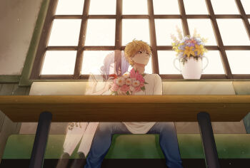 1boy 1girl black_boots blonde_hair blue_flower blue_pants boots bouquet chainsaw_man closed_eyes couple denji_(chainsaw_man) flower from_below furrowed_brow hair_between_eyes hair_bun hetero highres holding holding_bouquet holding_flower leaning_on_person lily_(flower) medium_hair nyauuu pants pink_flower purple_hair red_flower reze_(chainsaw_man) shirt short_hair short_sleeves sitting smile spirit t-shirt updo vase white_flower white_shirt yellow_flower