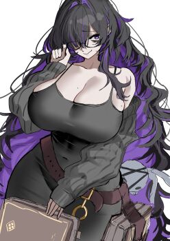1girl absurdres bags_under_eyes belt black-framed_eyewear black_hair book breasts brown_belt cleavage collarbone commentary_request dress glasses goddess_of_victory:_nikke hair_over_one_eye highres koppepan_agp label_(nikke) large_breasts long_hair messy_hair mole mole_on_breast nervous_smile one_eye_covered purple_eyes purple_hair simple_background smile solo taut_clothes taut_dress very_long_hair white_background
