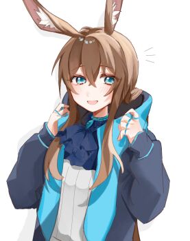 1girl :d amiya_(arknights) animal_ears arknights ascot black_jacket blue_ascot blue_eyes brown_hair crossed_bangs hair_between_eyes highres hood hood_down hooded_jacket jacket jewelry light_blush long_hair long_sleeves looking_at_viewer multiple_rings notice_lines open_clothes open_jacket open_mouth ring simple_background smile solo tarutaruoisi71 upper_body white_background