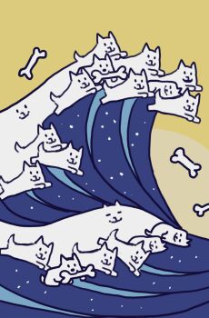 animal_focus annoying_dog bone commentary_request day dog fine_art_parody highres kanagawa_okinami_ura no_humans outdoors parody tn_scallion undertale utdr_(toby_fox) water yellow_background